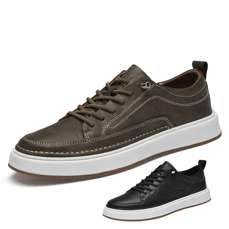 Spring New Fashion Men Cow Leather Casual Shoes Concise Flat Skate Shoes Street Cool Lace-up Sneaker