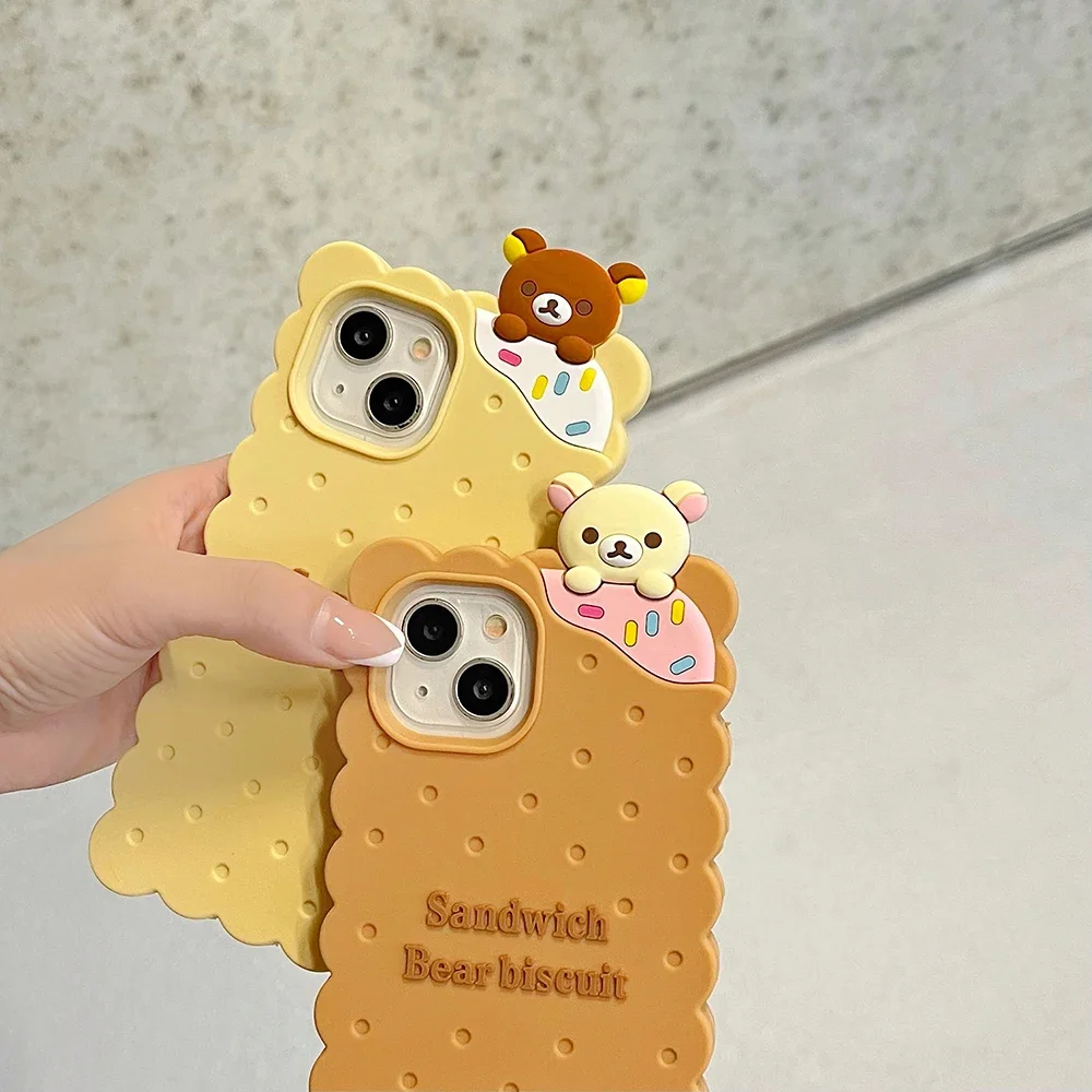 Cute Funny Rilakkuma Bear Biscuit Case for IPhone 16 15 14 13 12 11 Pro Max Soft Silicone Shockproof Coque Fashion Protect Cover