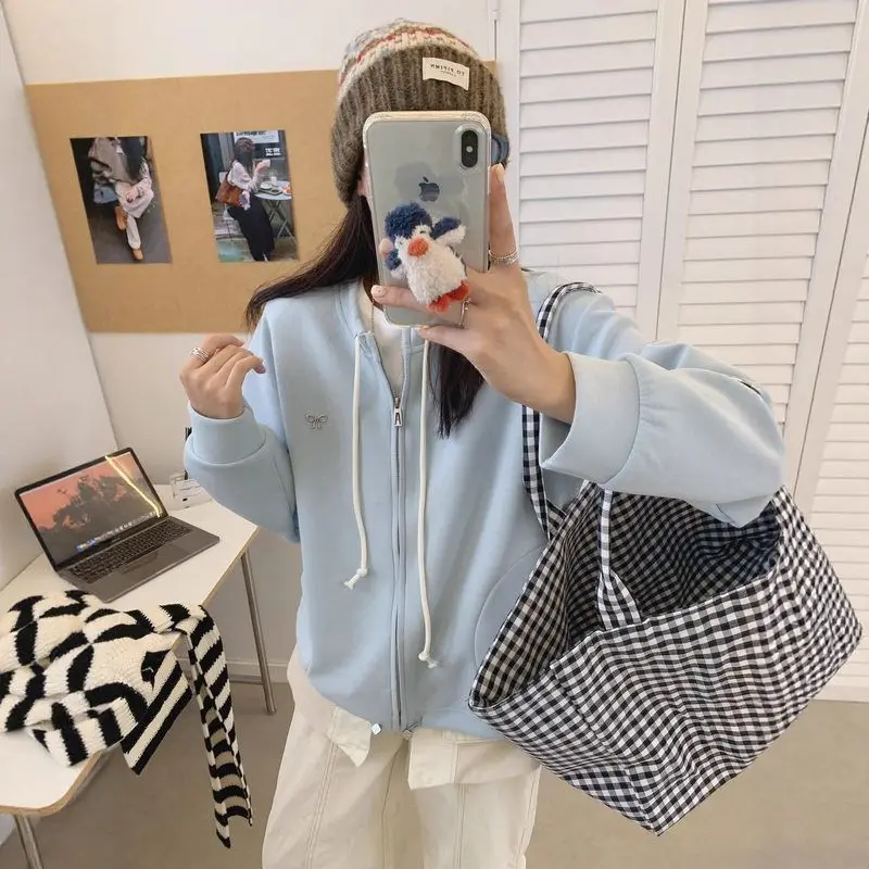 

Женский свободный крой на молнии с узлом, универсальный открытый кардиган с капюшоном, пальто большого размера, подвесной дизайн, осенняя мода