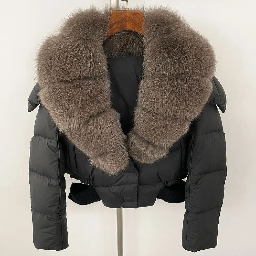 여성용 천연 진짜 너구리 여우 모피 칼라 후드, 화이트 덕 다운 코트, 두껍고 따뜻한 캐주얼 아우터, 겨울 2024 신상