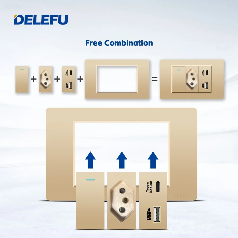 DELEFU PC Panel Fireproof Double USB Type C Charge Brazil Standard Outlet Gold Wall Power Light Switch Electrical Plug 10A 20A