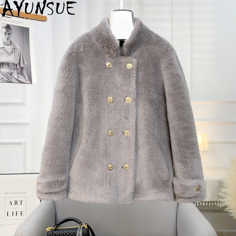 AYUNSUE 100% Wool Coats for Women 2023 Fall Winter Fashion Sheep Shearing Jacket Stand Collar Fur Coats Chaquetas Para Mujeres