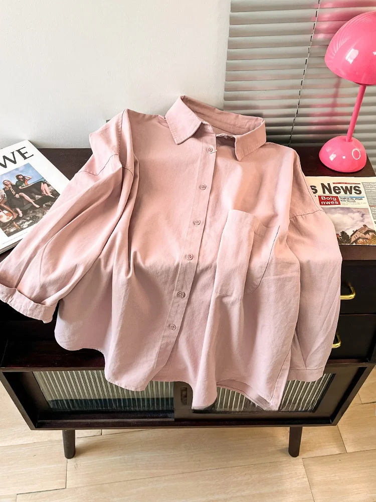 

Casual Loose Long Sve irt Women's Outerwear 2024 Autumn Vintage Sle Button up Collar Single Color Top