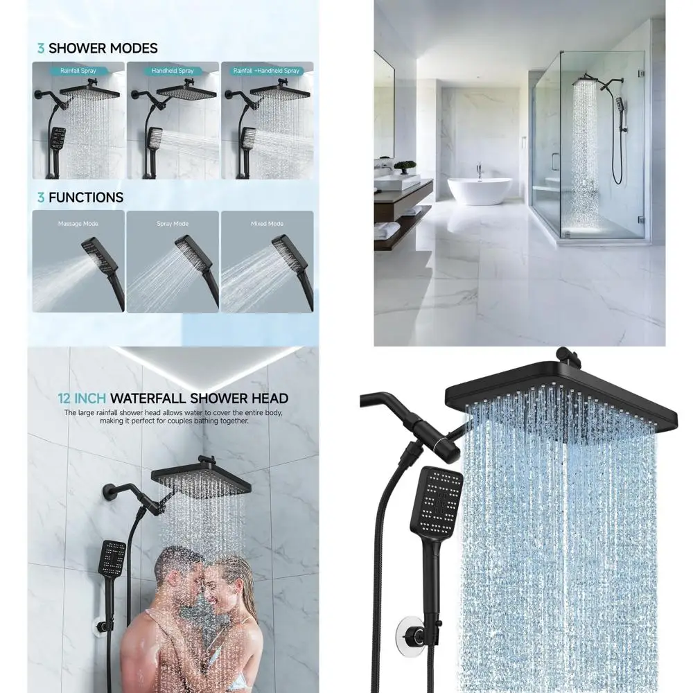 

12 Adjustable Rain Shower Head with Handheld Spray, Dual Function, Matte Black Bathroom Shower Set