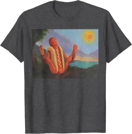 Hotdog, der sich in der Sonne sonnt, lustiges Hotdog-Yoga-T-Shirt, Y2k BBQ seltsame Essenskunst Comic-Grafik-Bekleidung, Yoga-Witz-Persönlichkeits-T-Shirt – Detail 13