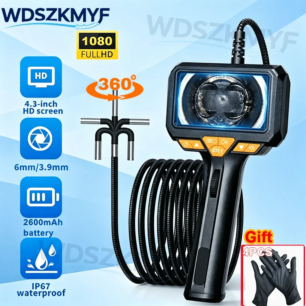 

4.3" Screen 8/6mm 1080P Endoscope Camera 360° Rotatable Probe IP67 Waterproof Flexible Borescope For Drain Pipe Car Maintenance