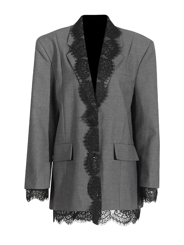  Lace Splicing Embroidered Grey Loose Midi Suit Jacket Women's Trendy Autumn Winter Elegant Style Polyester Fabric