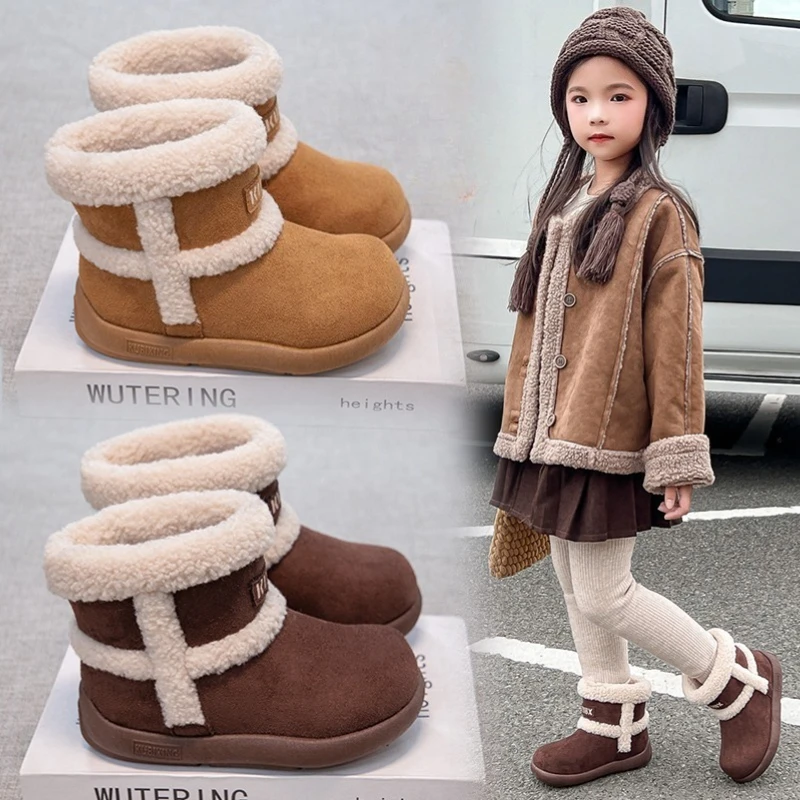

Теплые кожаные ботинки с плюшевой подкладкой для девочек, новинка 2024 года, зимние детские зимние ботинки, нескользящие простые универсальные детские школьные уличные снегоступы