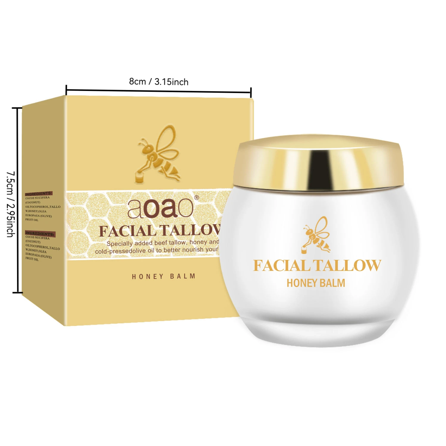 AOAO Facial Tallow Honey Balm Cream - Hypoallergenic  Adult Moisturizer with Olive Oil, Vitamin E for Oily and All Skin Types