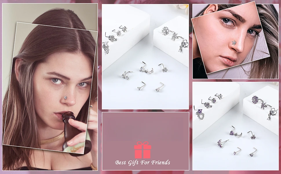 Drperfect 12 Stück 20G Nasenringe aus chirurgischem Edelstahl, L-förmige Nasenstecker für Frauen und Männer, niedliche Nasenpiercing-Stecker, Schraubschmuck – Detail 3