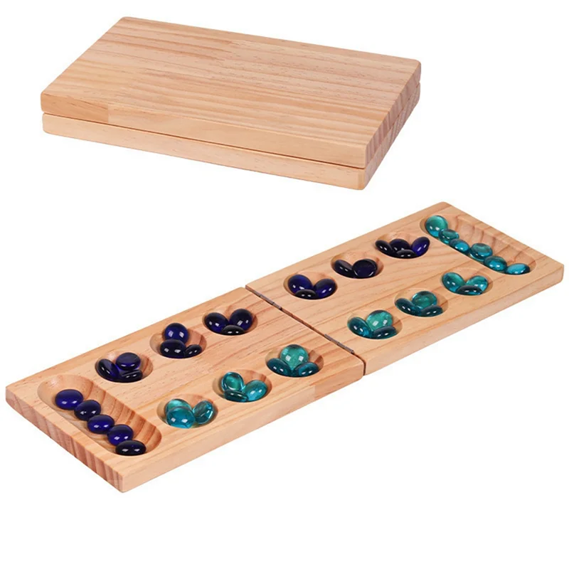 B78B-Foldable Wooden Mancala Board Game For Ages 7+ Multi-Color Beads Classic Strategy Game For Family, Party, And Travel