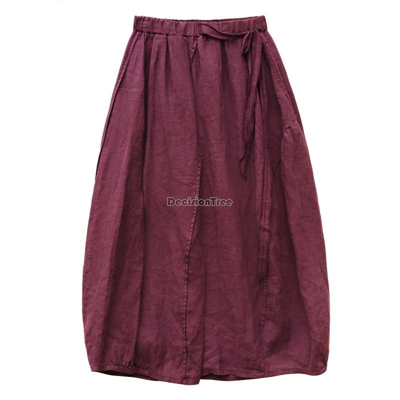 تنورة نسائية غير رسمية فضفاضة جديدة ربيعية طويلة لعام 2025 من القطن والكتان بتصميم غير متماثل بنصف برعم الزهور