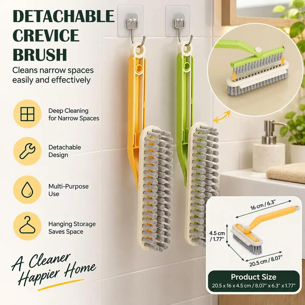 Detachable Crevice Cleaning Brush 90° Rotatable Gap Scrub Brush with Hidden Hair Tweezers & Squeegee for Bathroom Tile Window