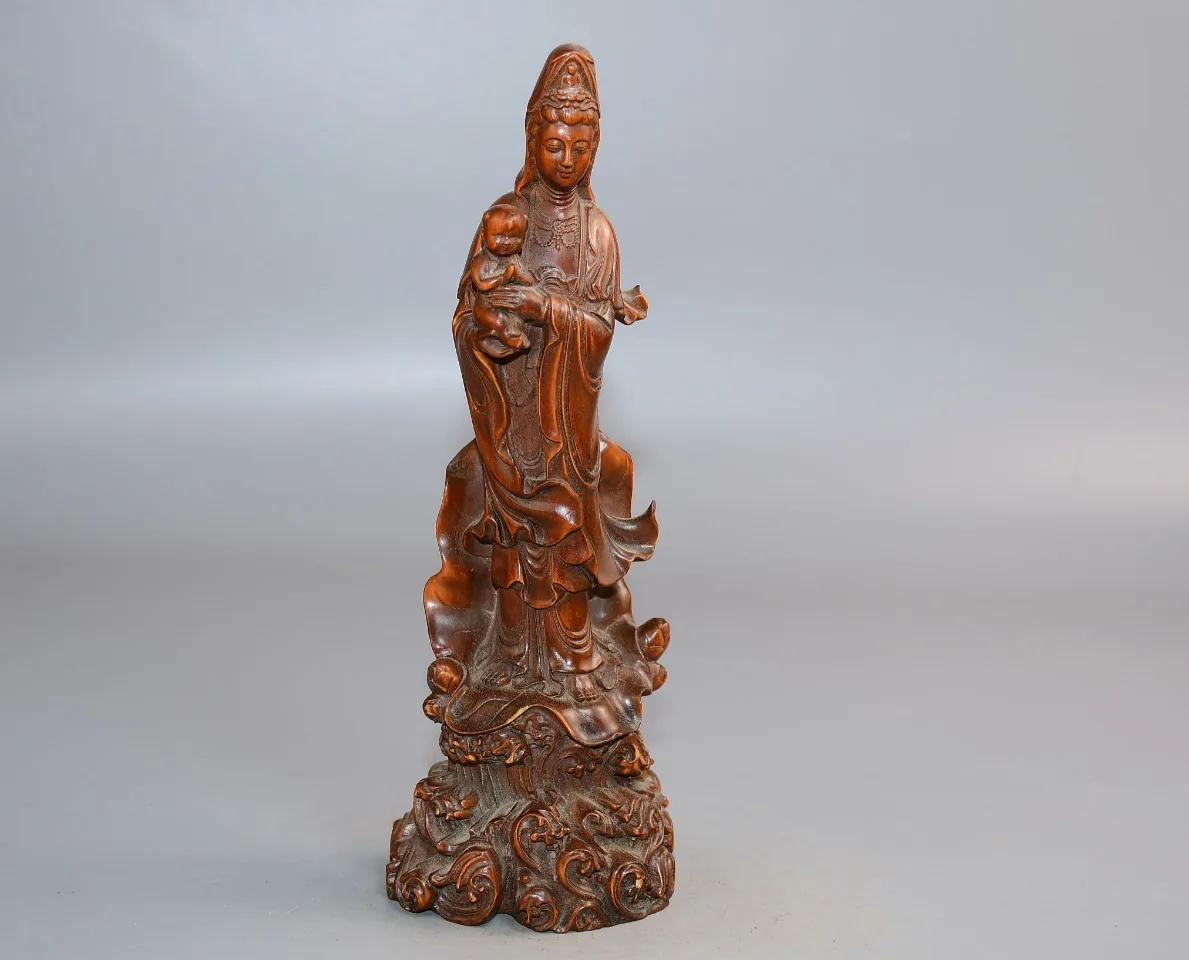 Tibetan Temple Collection Old Boxwood Sending off the Child Guanyin Bodhisattva Station Buddha Lotus leaf base Worship Hall