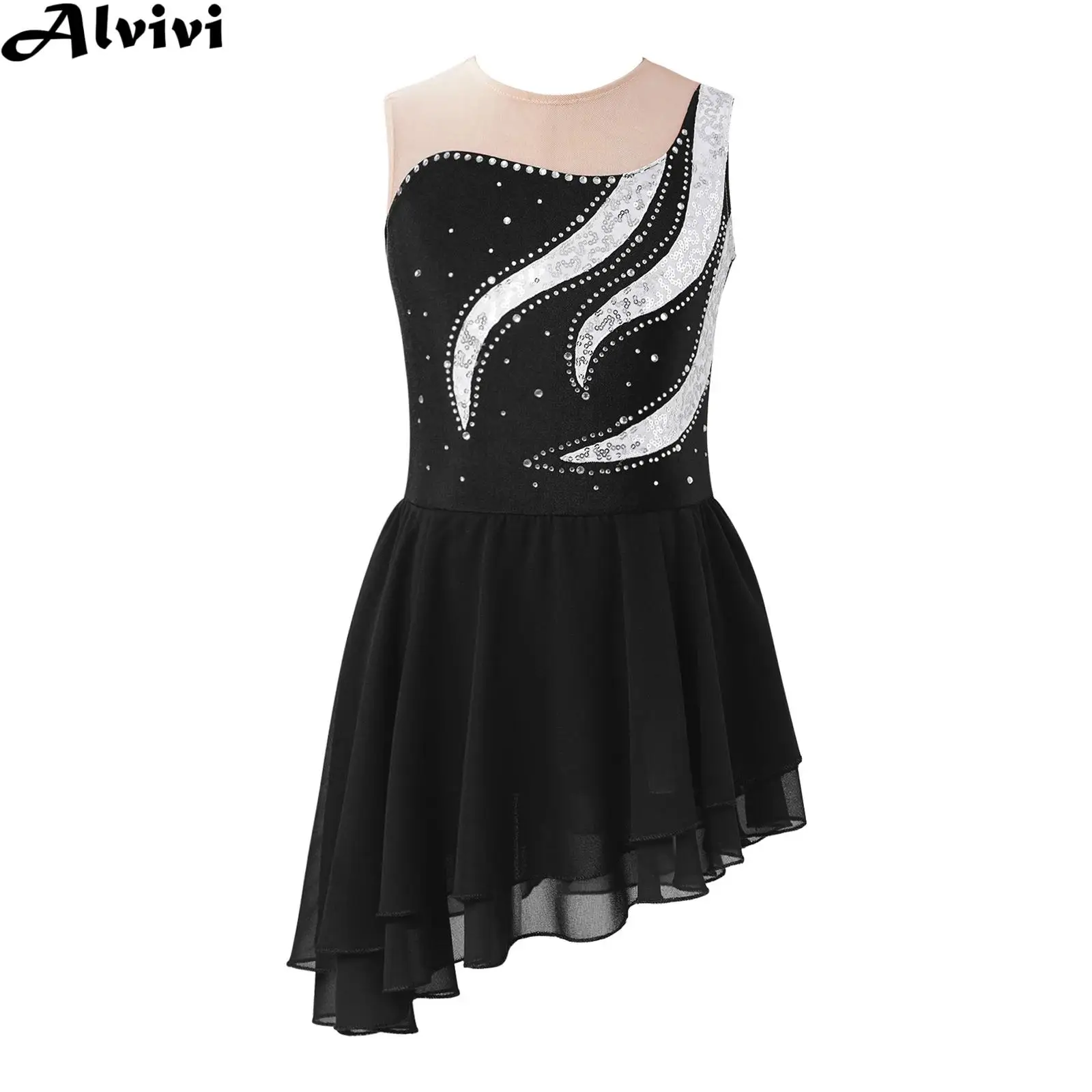 Kids Girls Figure Skating Dance Dress Lyrical Ballet Gymnastics Acrobatics Leotard Tutu Sleeveless Sequin Rhinestone Dancewear