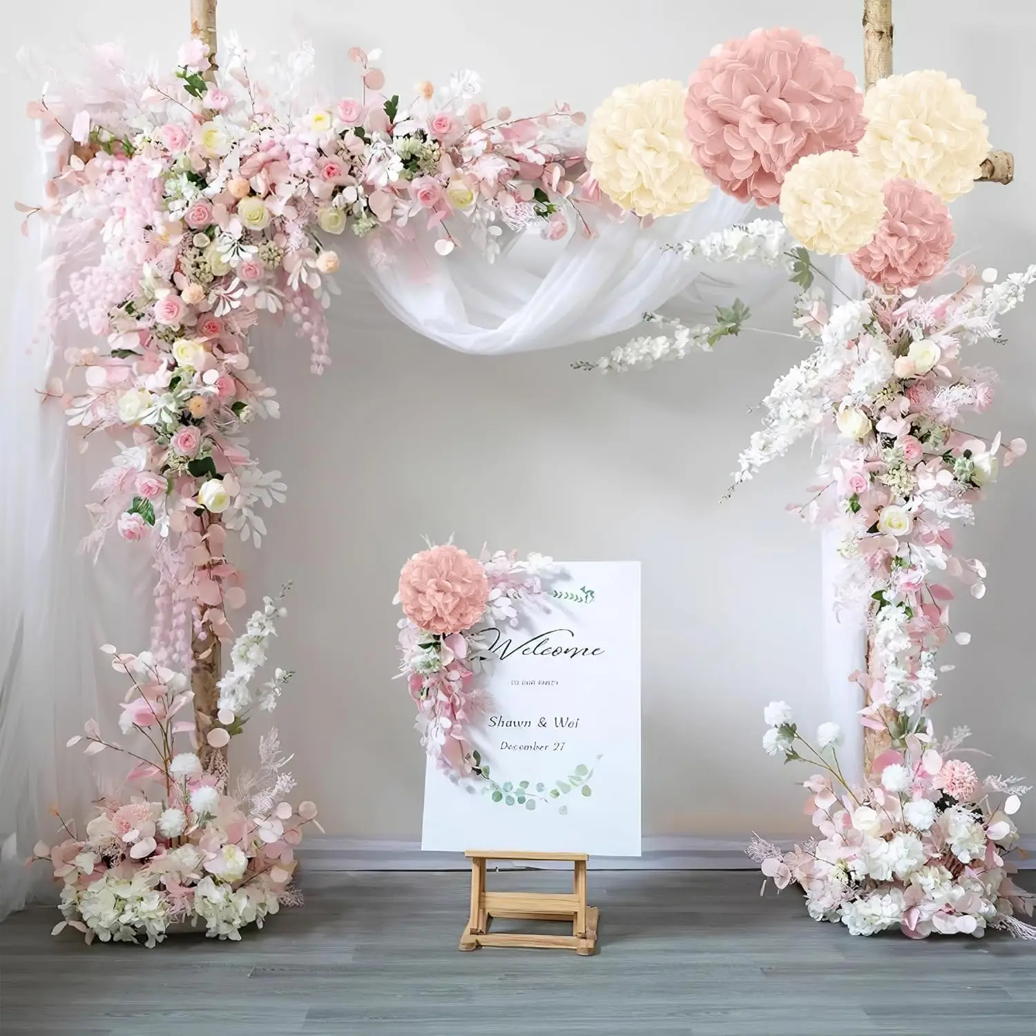 20 Stück rosa und Champagner hängende Pompons aus Papier – dekorative Taschentuch-Blumenkugeln für Festivals, Babypartys, Abschlussfeiern und Geburtstagsfeiern – Detail 6