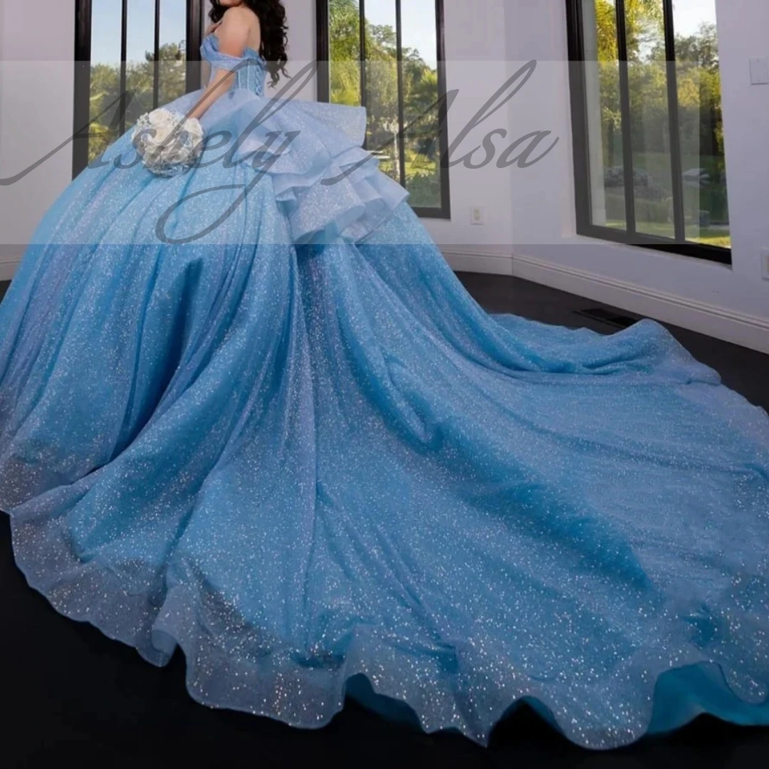 Customized Sky Blue Quinceanera Ballgown Dresses Off Shoulder Crystal Sweep Train Women Prom Birthday Party Occasion Dress 15 16