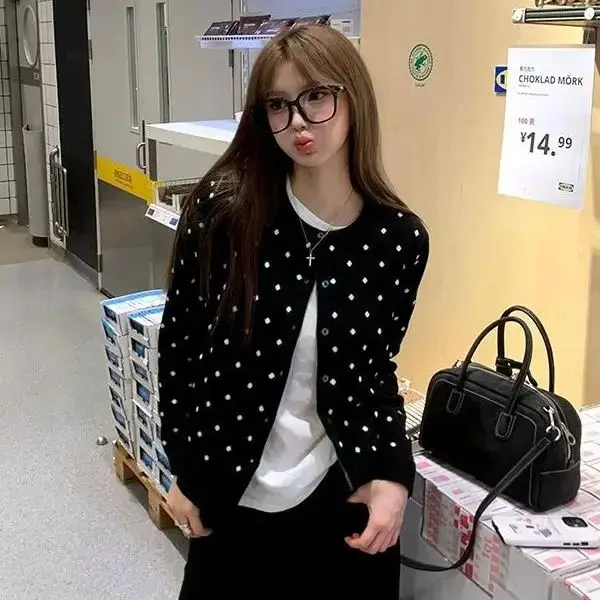 

Korean Style Knitted Cardigan Temperament Polka Dot Jacquard Women Early Autumn Neck Atmosphere Soft Waxy Sweater Jacket Top