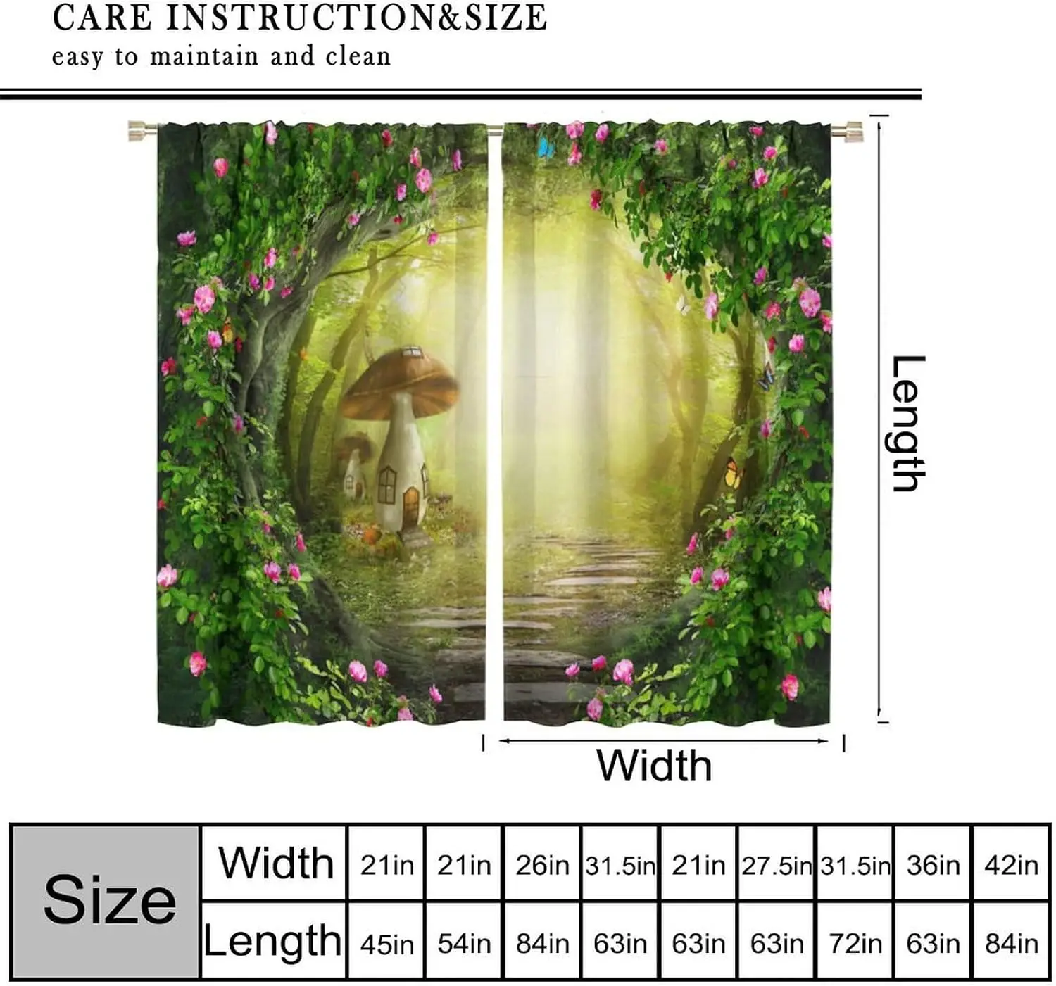 Fantasy Mushroom Curtain 2 Panels, Enchanted Tree Vine Pink Flower Butterfly Print, Curtains for Girl Nursery Fairy Tale Curtain