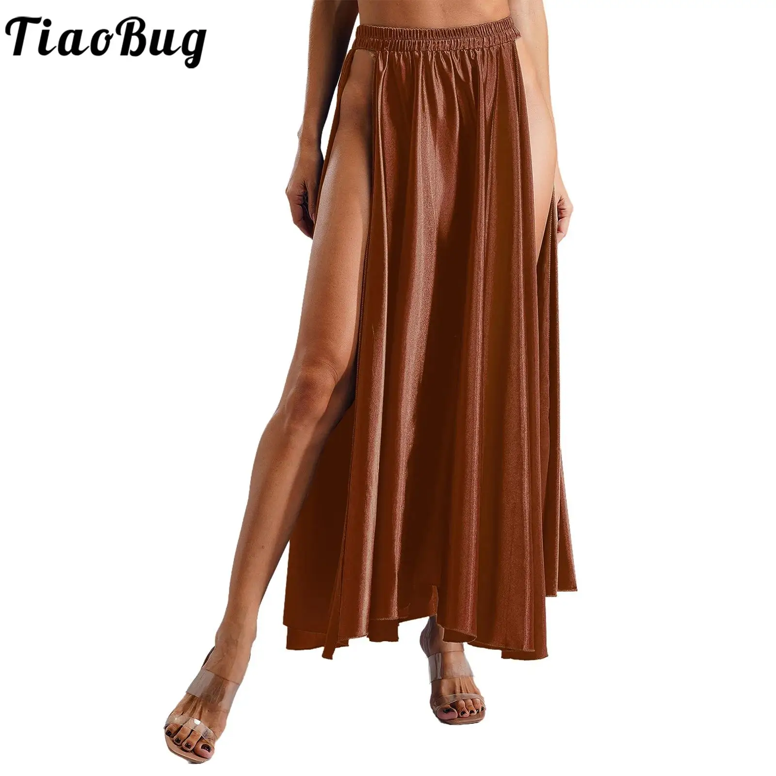 Women Satin Swing Skirt Spanish Dance Belly Lyrical Dancewear Solid Color Elastic Waist Side Slit Maxi Skirt Club Beach Bottoms