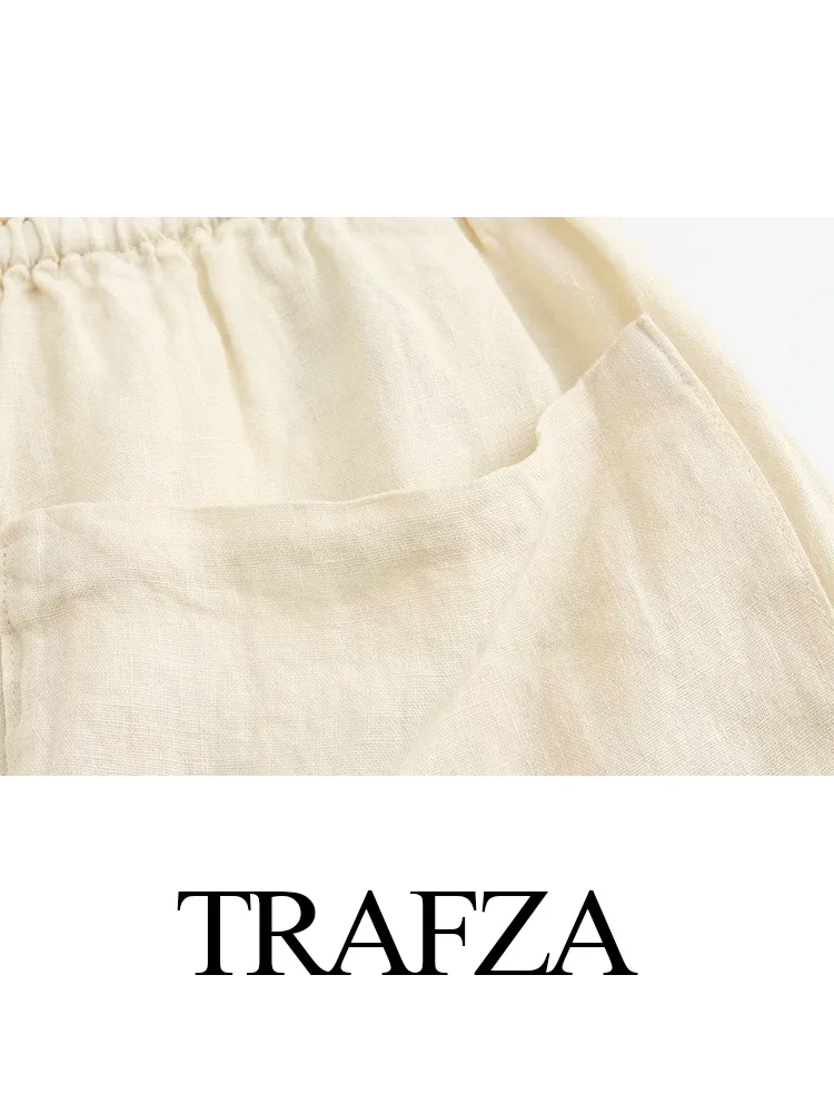 TRAFZA Summer Women Retro Casual Suit Solid Color Linen Single Breasted V-neck Shirt +Pocket Design High Waist Tie Loose Shorts