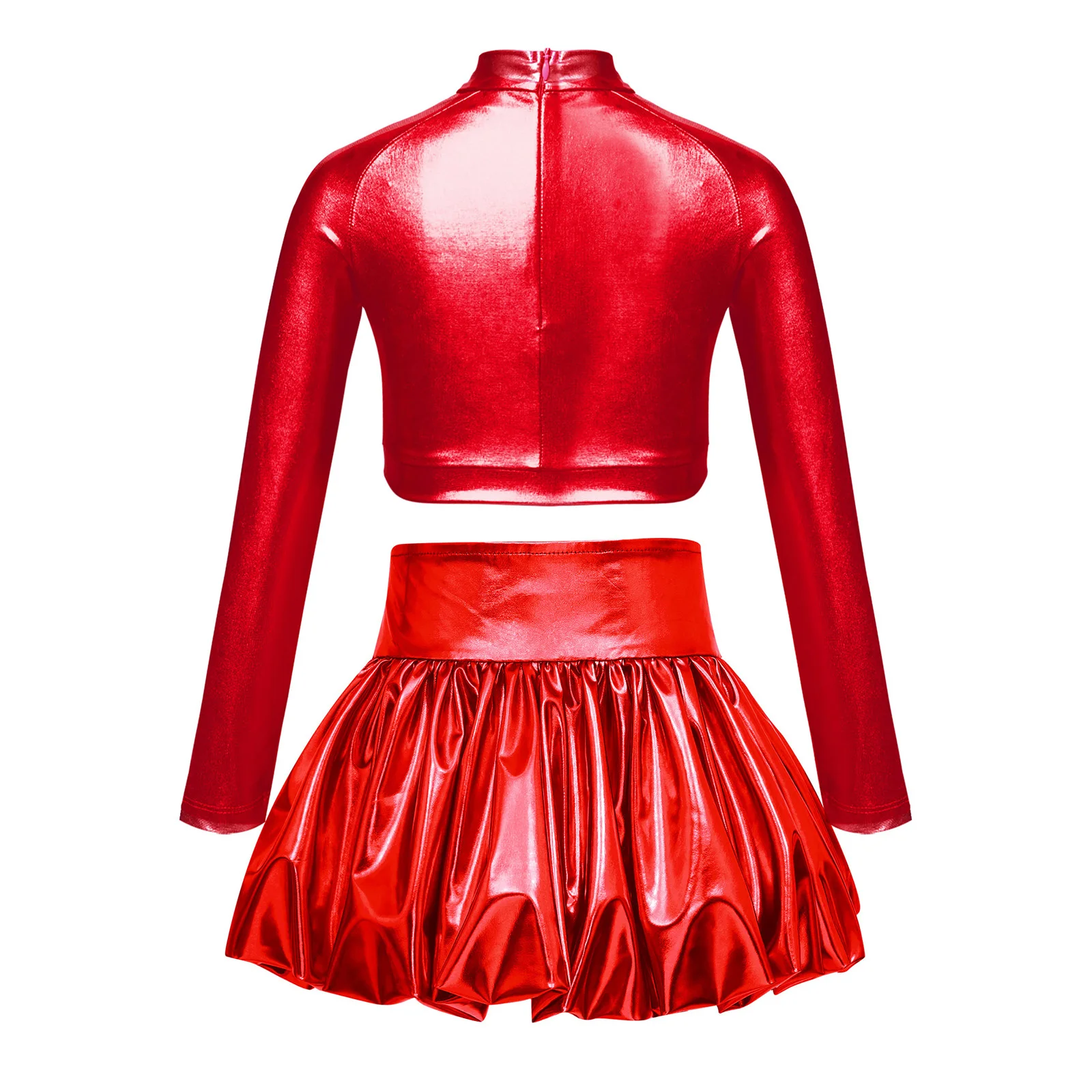 Kids Jazz Dance Sequin Metallic Crop Top with Shiny Bubble SkirtDisco Hip Hop Clothes Sets Girls Performance Outfit Streetwear