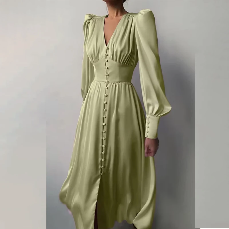 

Elegant Fashion Single Breasted Dress for Women Party Robe High Waist Satin Long Dress Spring Lantern Sleeve Chic Midi Dress