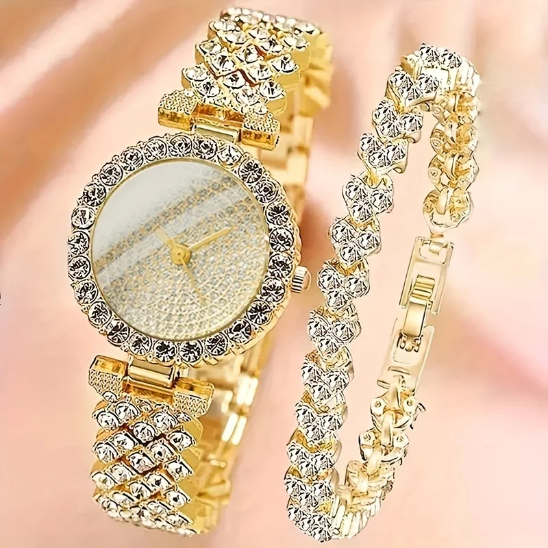 

2 Pcs Golden Quartz Watches Alloy Strap Alloy Pointer And Rhinestone Bracelet Jewelry For Women Gifts For Eid