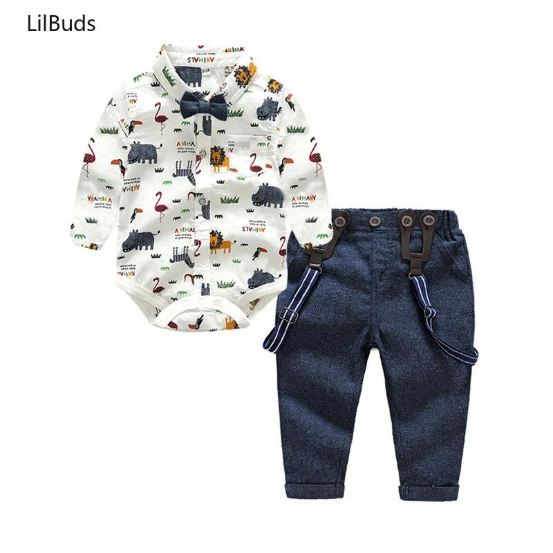 

2024 Kids Cotton Formal Clohes Baby Boy Clothing Set Newborn Gentleman Suit Long Sleeve Bow Shirt+suspender Pants Autumn Costume