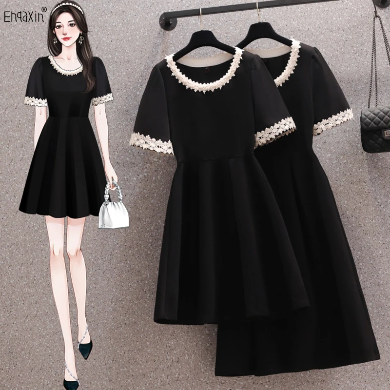 

EHQAXIN New 2023 Summer Dress Fashion French Vintage Black Grace Lace Short Sleeve A-Line Loose Dresses For Ladies M-4XL