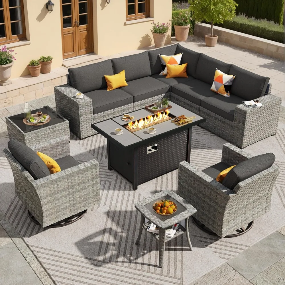 

10-piece Outdoor Patio Furniture Set, Including An Outdoor Rattan Sectional Sofa with A 42-inch Fireplace Table and Swivel Chair