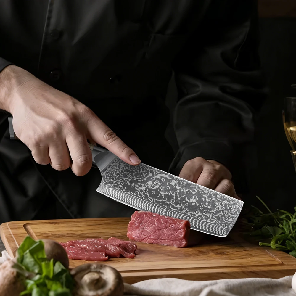 7 Inch Kitchen Chef Knife Nakiri Knife Damascus Steel 67 Layers Sharp Natural Burl Wood Handle Handmade Kitchen Knife