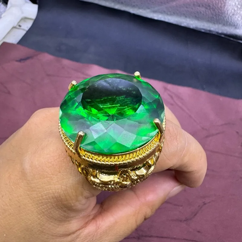 Oversized 30mm Lab Created Green Gemstone Thumb Ring, Luxury High-End Bold Statement Stylish Premium Finger Jewelry