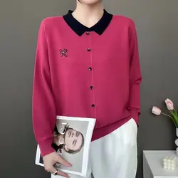 200 Pounds Wearable Contrasting Color Knitted Sweater for Women Autumn and Winter Polo Collar Embroidered Top Loose Base Shirt