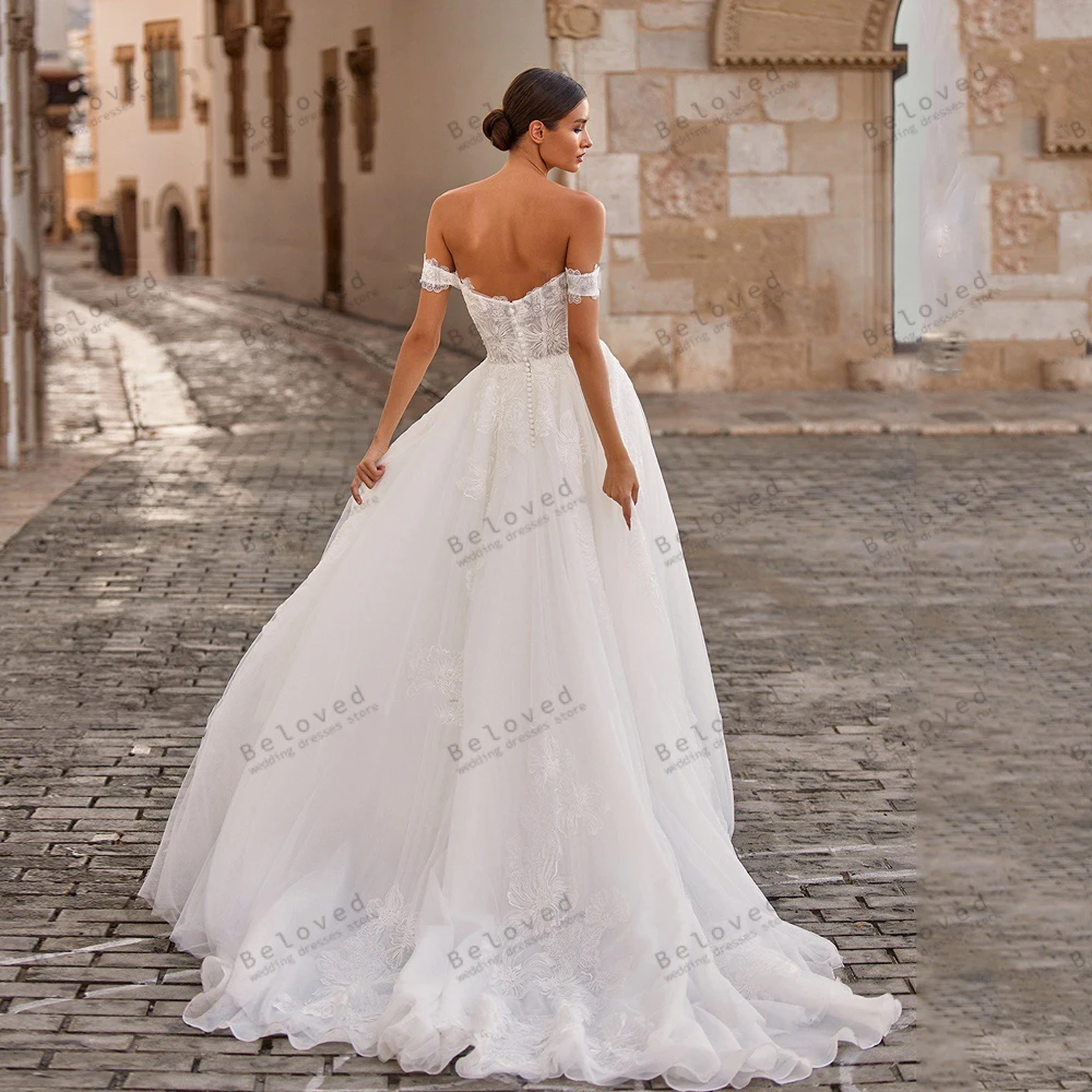 Exquisitos Vestidos De Novia escalonados De tul, traje De Novia con apliques De encaje, hombros descubiertos, Espalda descubierta, 2024