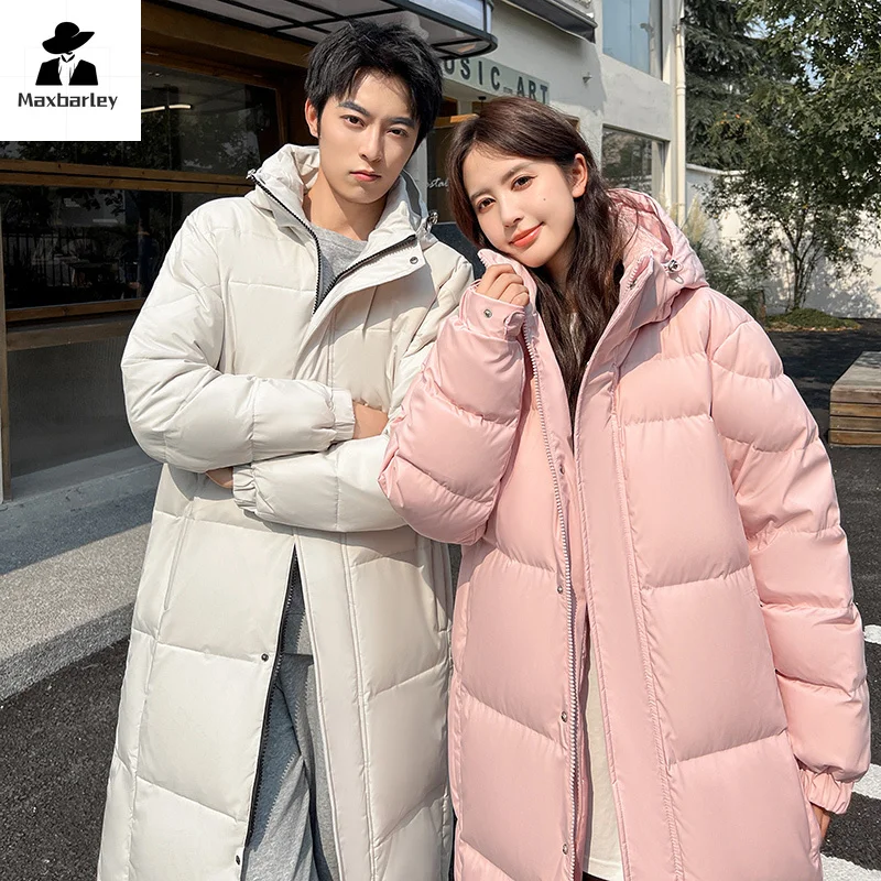 Brand Long Down Jacket Men's Winter 2024 Trendy Thick Hooded Duck Down Warm Coat South Korea Women's Ski Windproof Puffer Jacket