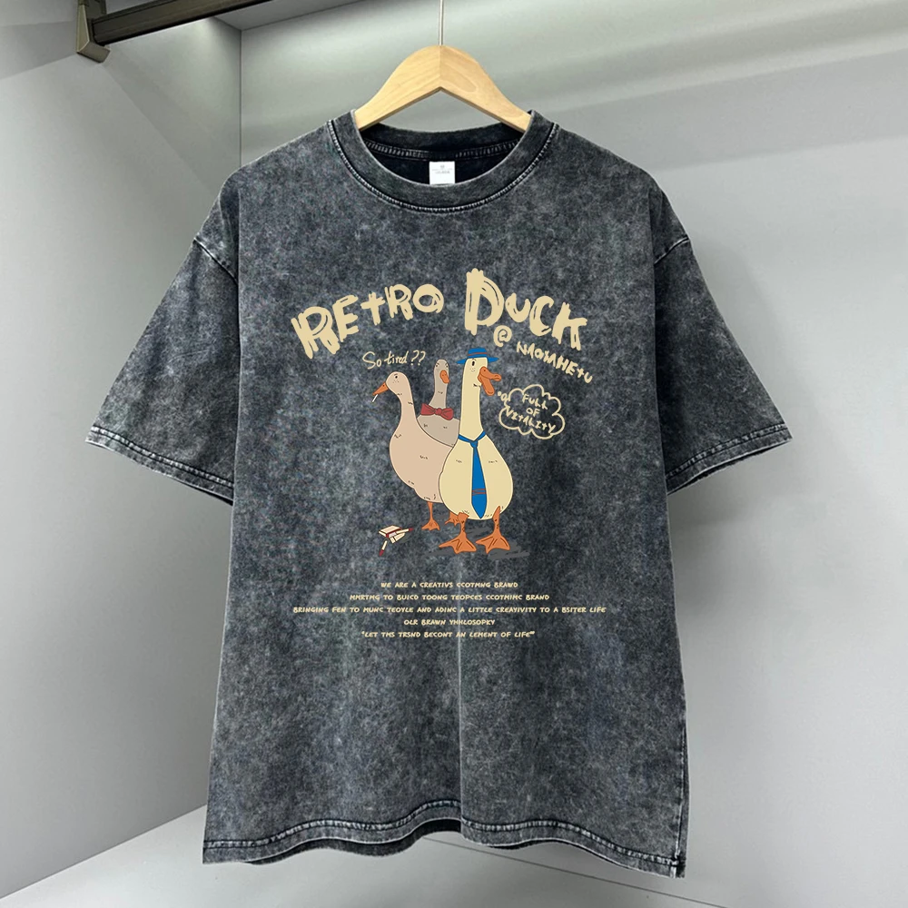 Three Ducks Ah American Retro Cartoon T Shirts Men Fashion Summer High Quality Clothes Cotton T Shirts O-Neck Oversized Tops