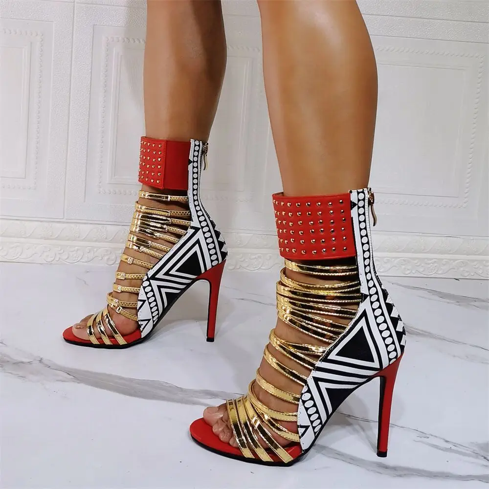 Shoes For Women 2022 High Heels Rivets Gladiator Sandals Metallic Gold Ladies Designer Wedding Shoes Bride Big Size 15 Sandalias