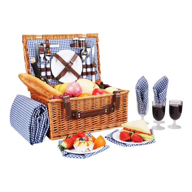 Factory-Direct Nordic Region Bamboo Picnic Basket Portable Outdoor Foldable Vegetable & Fruit Storage Complete Tableware