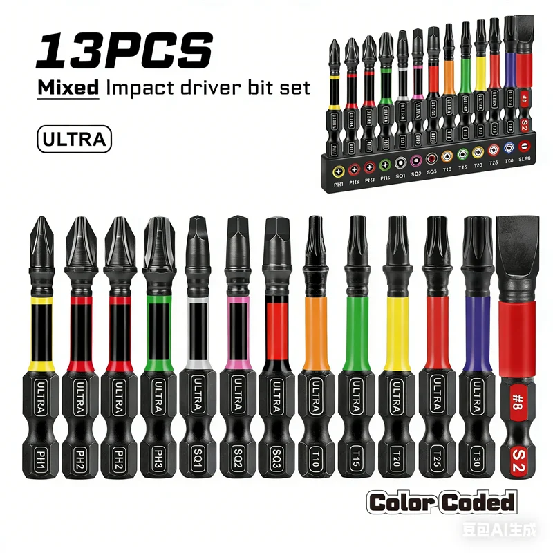 13PCS Impact Phillipes/Square/Slotted Screwdriver Bits Set 2'' Magnetic S2 Steel Bits Set Color Coded Base Drill bit accessories