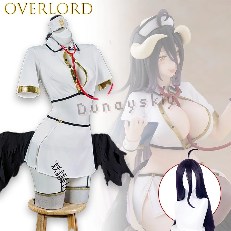 OVERLORD Albedo Gothic Angel Nurse Cosplay Costume Mini Dress With Black Dark Wings Accessory Women Halloween Party Dress Unifor view 2