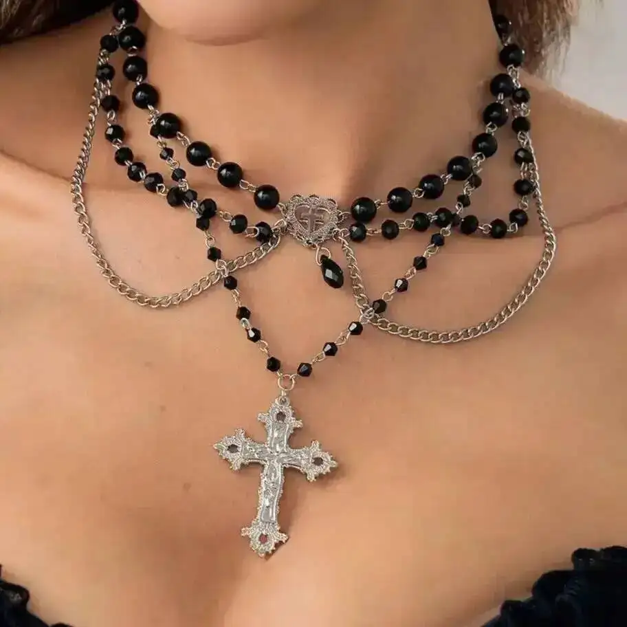

Lacteo Neo-Gothic Multilayer Black Acrylic Beads Chain Necklace for Women Creative Punk Cross Pendant Necklace Halloween Jewelry