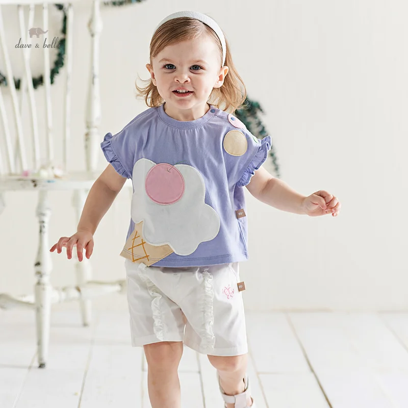 Dave Bella 2024 New Summer Girl\'s Baby T-Shirt Children Thin Top Cotton Short Sleeves Casual Fashion Sport Undershirt DB2240564