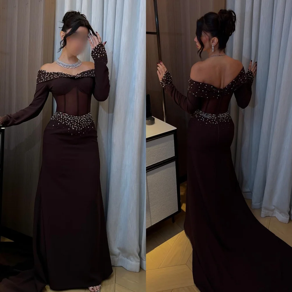 

Customized Matching Intricate Jersey Beading Sequined Rhinestone A-line Off-the-shoulder Long Dresses Bespoke Occasion Dresses