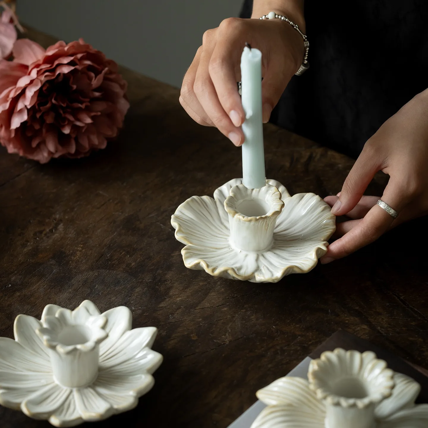 Reactive Glaze Ceramic Flower Taper Candle Holder Modern Table Decor Living Room