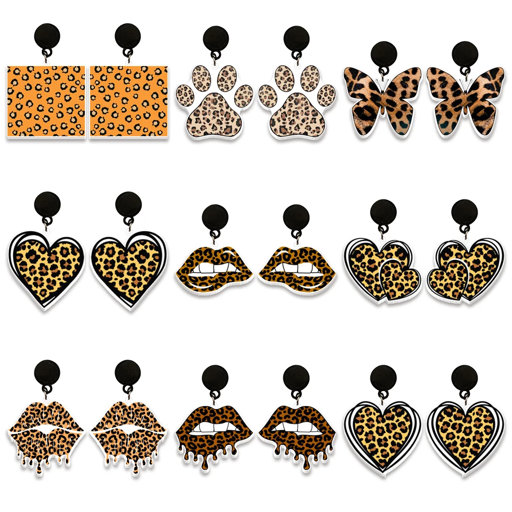 Acrylic Dangle Drop Earrings Leopard Flower Heart Printed Resin Pendant Black Earring Cartoon Earring Lady Gift Children