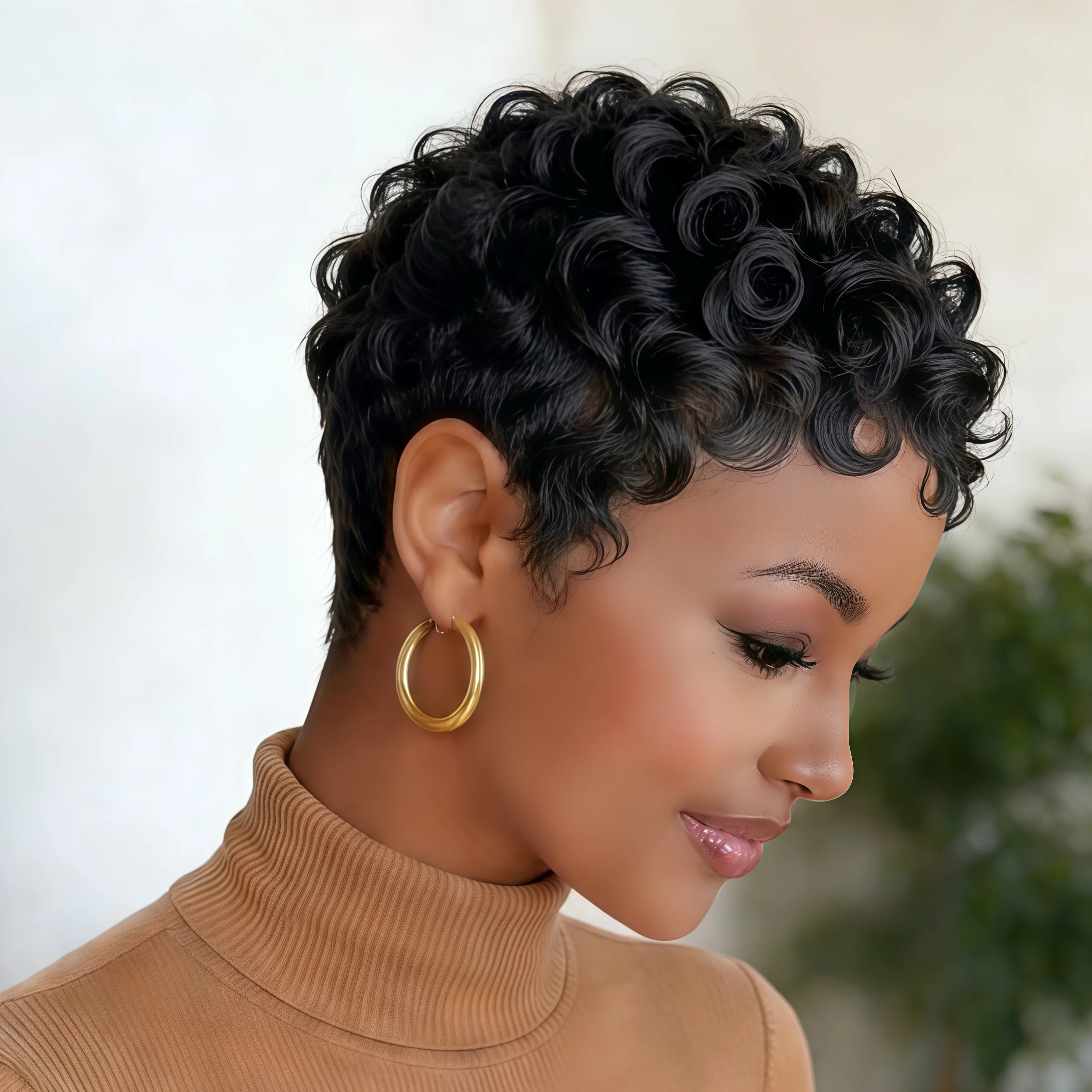 

Короткие парики-пикси для женщин, свободные кудрявые парики-пикси из натуральных волос с челкой, полностью машинной работы, для повседневного использования