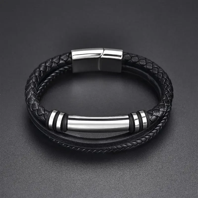 Fashion stainless steel men's leather bracelet magnetic clasp braided mutilayer leather bracelet punk rock bangles jewelry gift