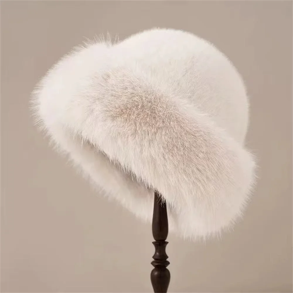 

New Fashion Big Fluffy Faux Fur Bucket Hat for Women Luxury Plush Fisherman Hats Warm Winter Thicken Cold Snowy Day Panama Caps