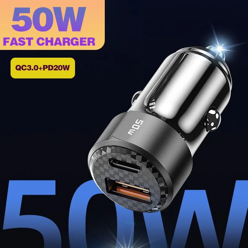 50W Transparent Car super fast Charger PD20W/QC3.0 Dual A+C Ports Super Fast Charging Car Cigarette Lighter Charger for phones